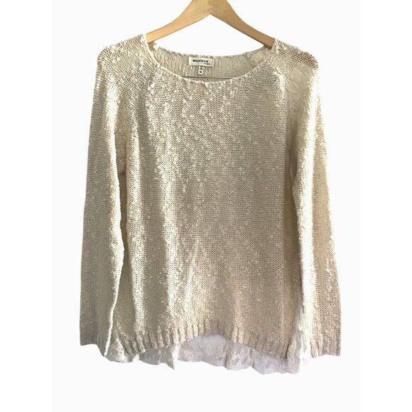 MONTEAU- WOMENS TAN LONG SLEEVE LACE BOTTOM TRIM SWEATER SHIRT SIZE MEDIUM - Picture 1 of 7